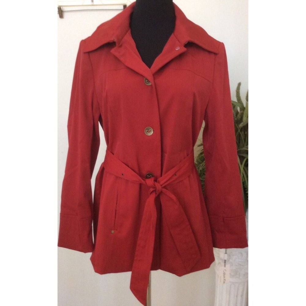 New Calvin Klein Women's Red Hooded Water Resistant Belted Jacket Coat Sz M $179